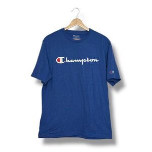 Champion Men's Script Logo Tee in Royal Blue Size L